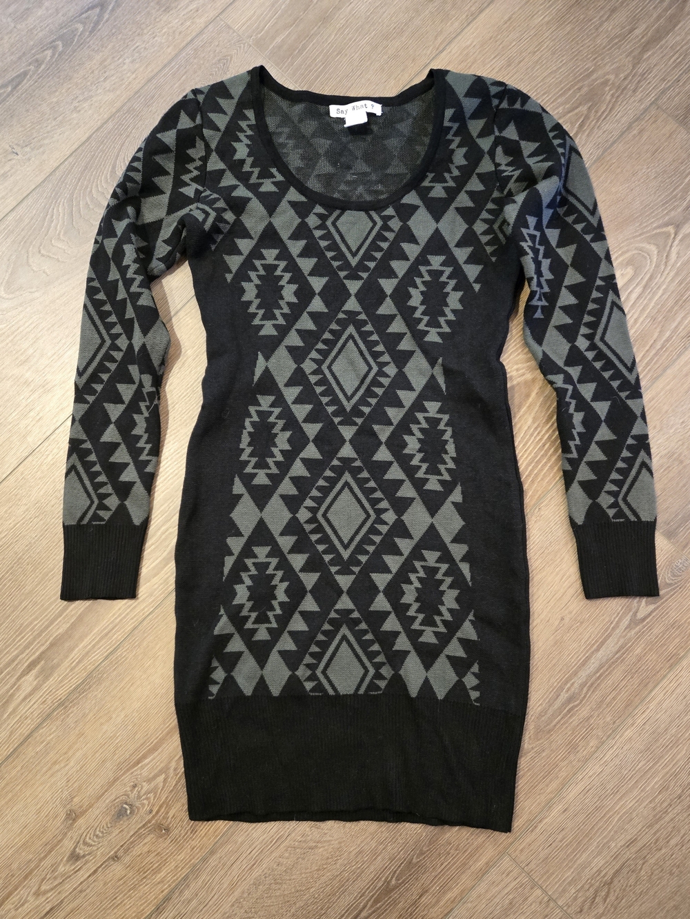 Say What? Black & Gray Geometric Knit Long Sleeve Dress